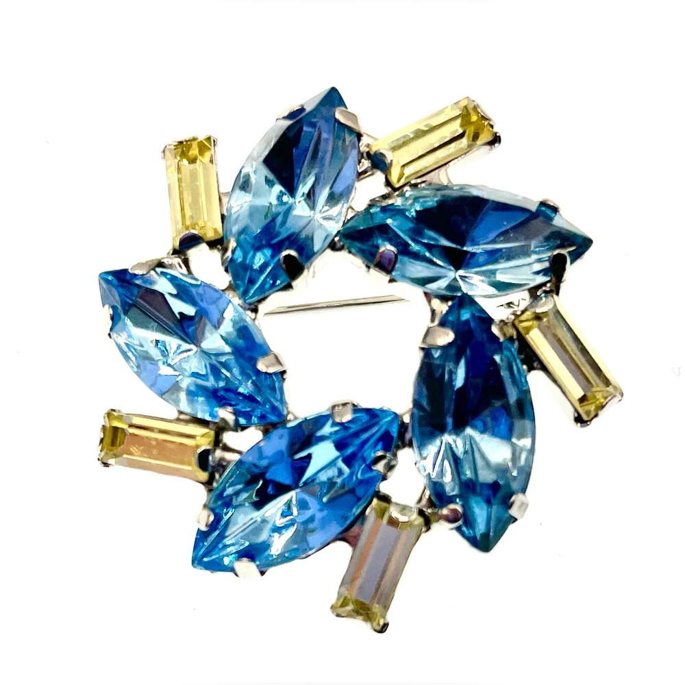 Vintage Silver Tone Wreath Design Scatter Pin Brooch Blue and Green Crystals